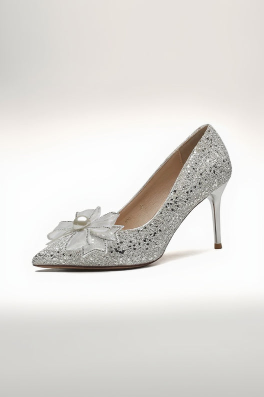 Silver Glitter Pearl Flower Pointed Toe Stiletto Pumps