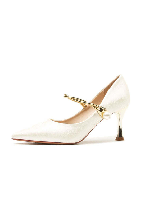 Ivory Pearl Strap Metallic Heel Mary Jane Pumps
