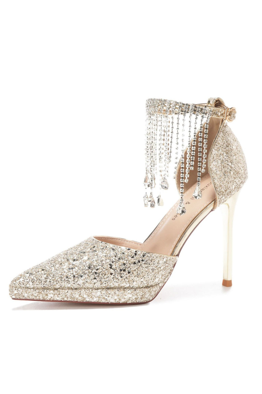 Gold Glitter Pointed Heels Crystal Fringe Stiletto