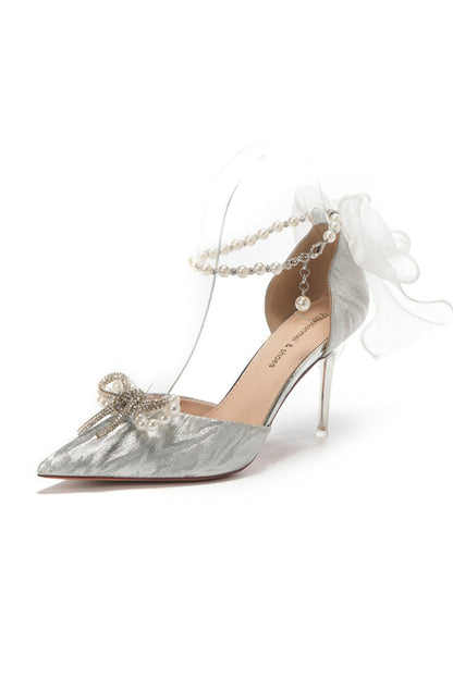 Silver Jacquard Pointed Heels Pearl Organza Bow