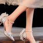 Silver Jacquard Pointed Heels Pearl Organza Bow