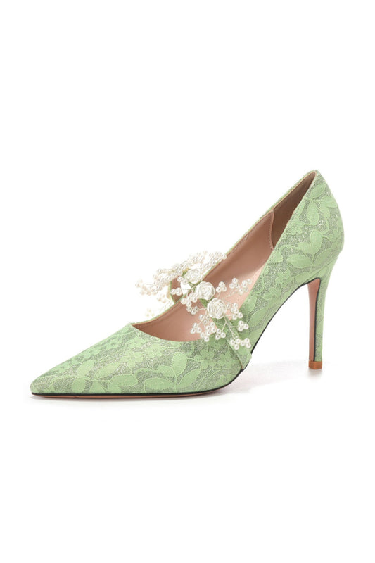 Mint Green Lace Pumps with Pearl Flowers