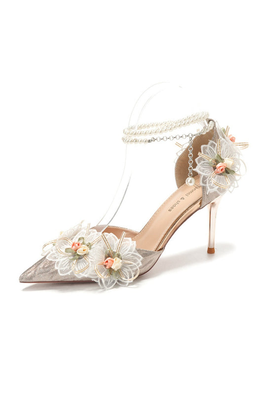 Silver Jacquard Pointed Heels Pearl Flower Detail