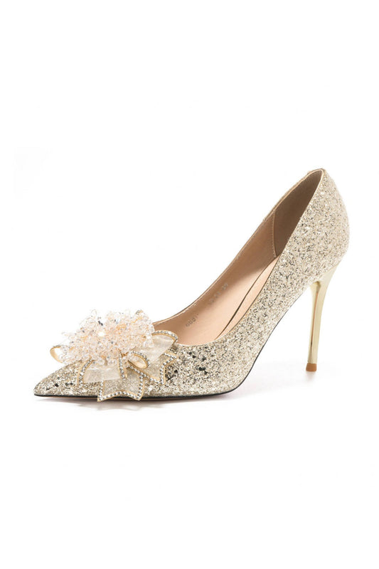 Gold Glitter Pointed Heels Beaded Flower Detail