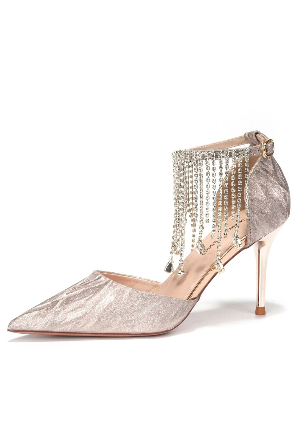 Silver Jacquard Pointed Heels Crystal Fringe Ankle