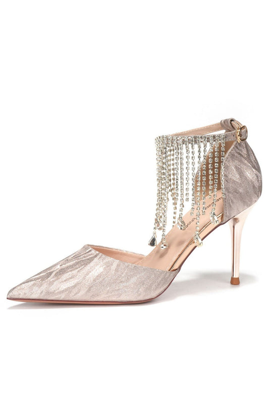 Silver Jacquard Pointed Heels Crystal Fringe Ankle