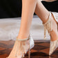 Silver Jacquard Pointed Heels Crystal Fringe Ankle