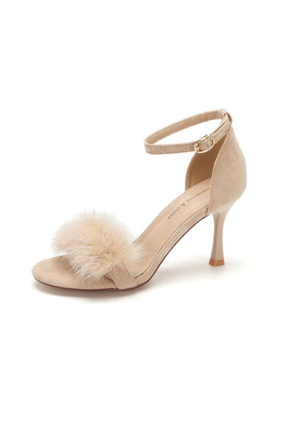 Beige Suede Fur Sandals Ankle Strap Heels