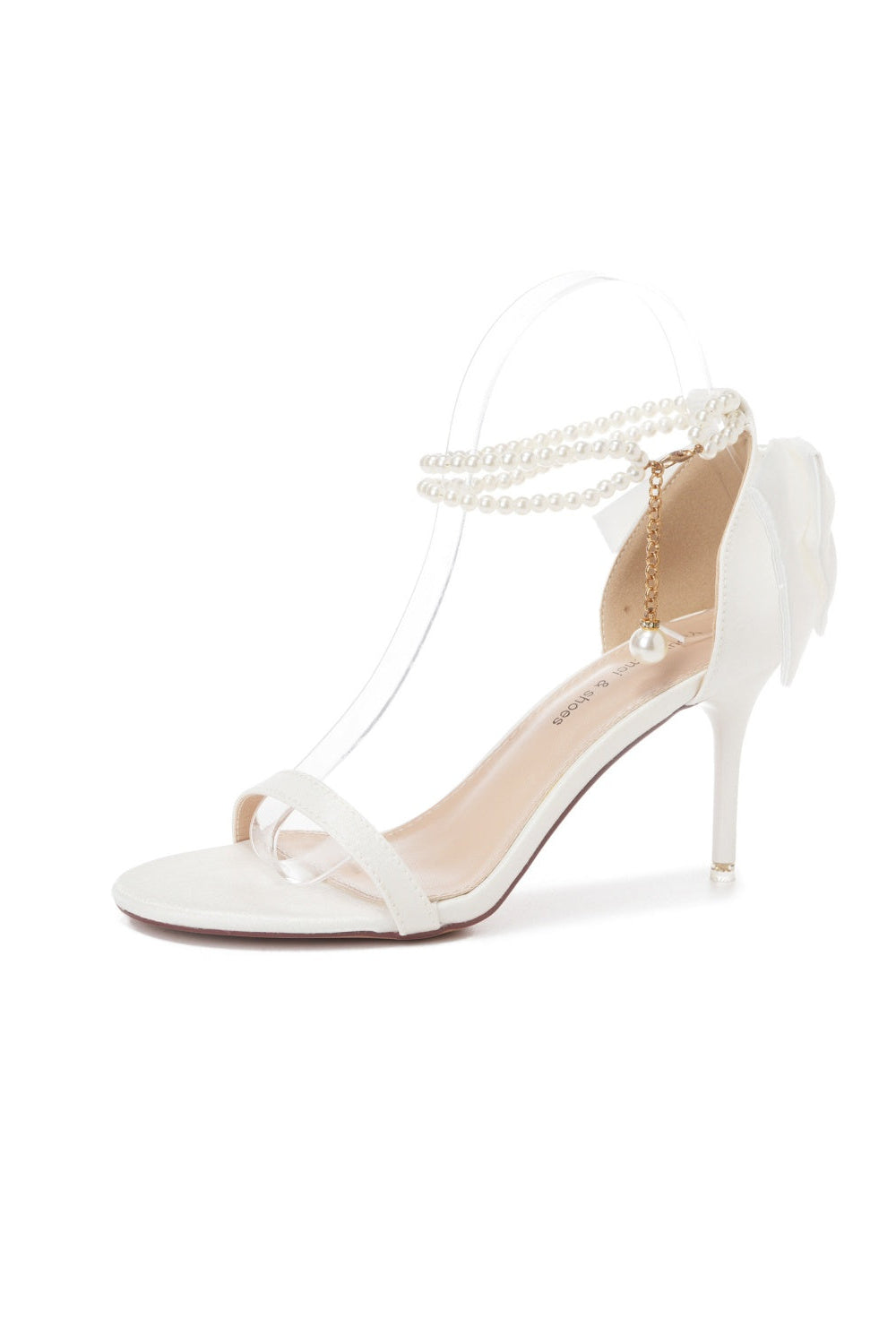 White Satin Sandals Pearl Ankle Chain Floral