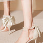 White Satin Sandals Pearl Ankle Chain Floral