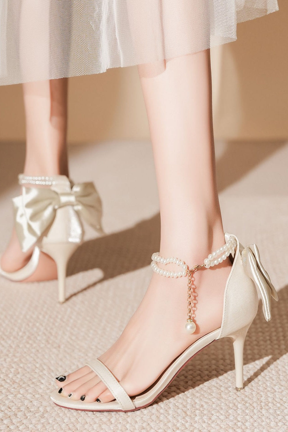 White Satin Sandals Pearl Ankle Chain Floral
