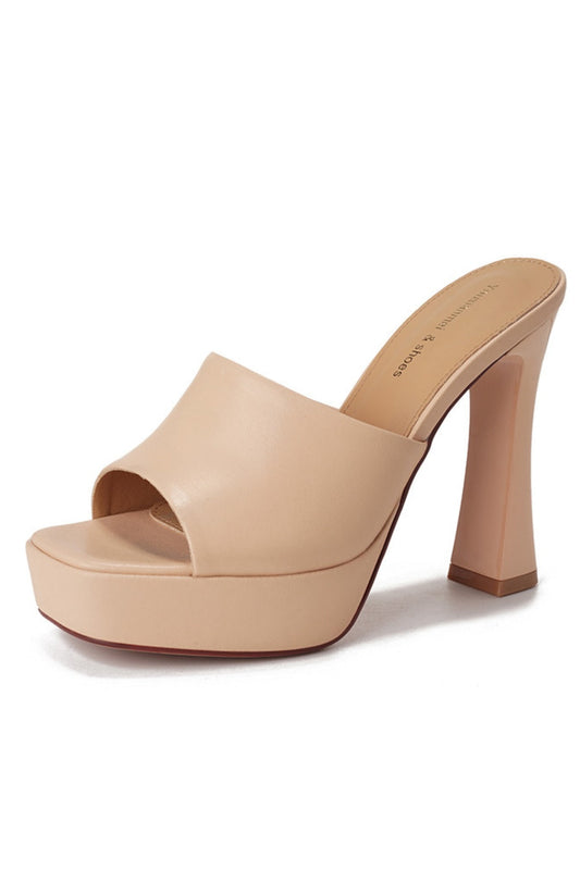 Beige Platform Block Heel Mules Peep Toe
