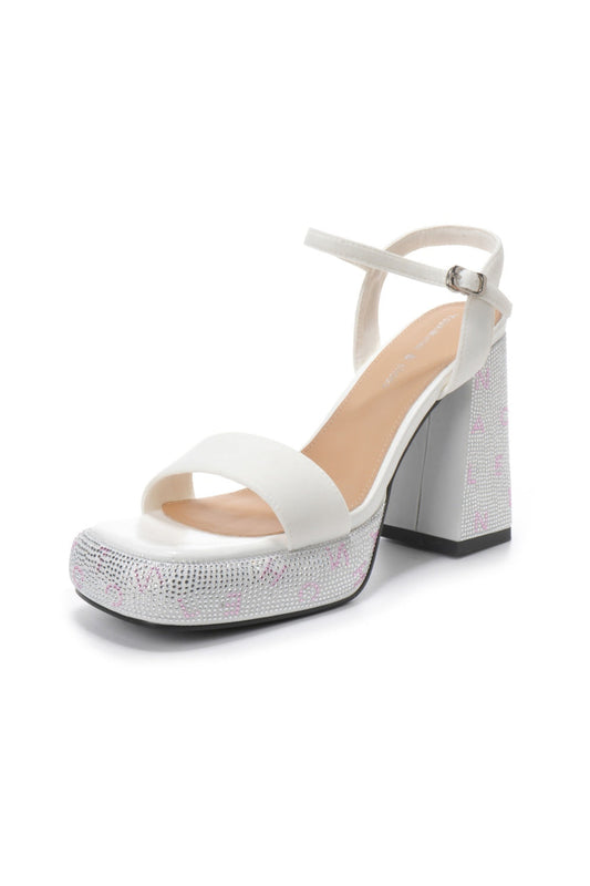 White Rhinestone Platform Block Heel Sandals