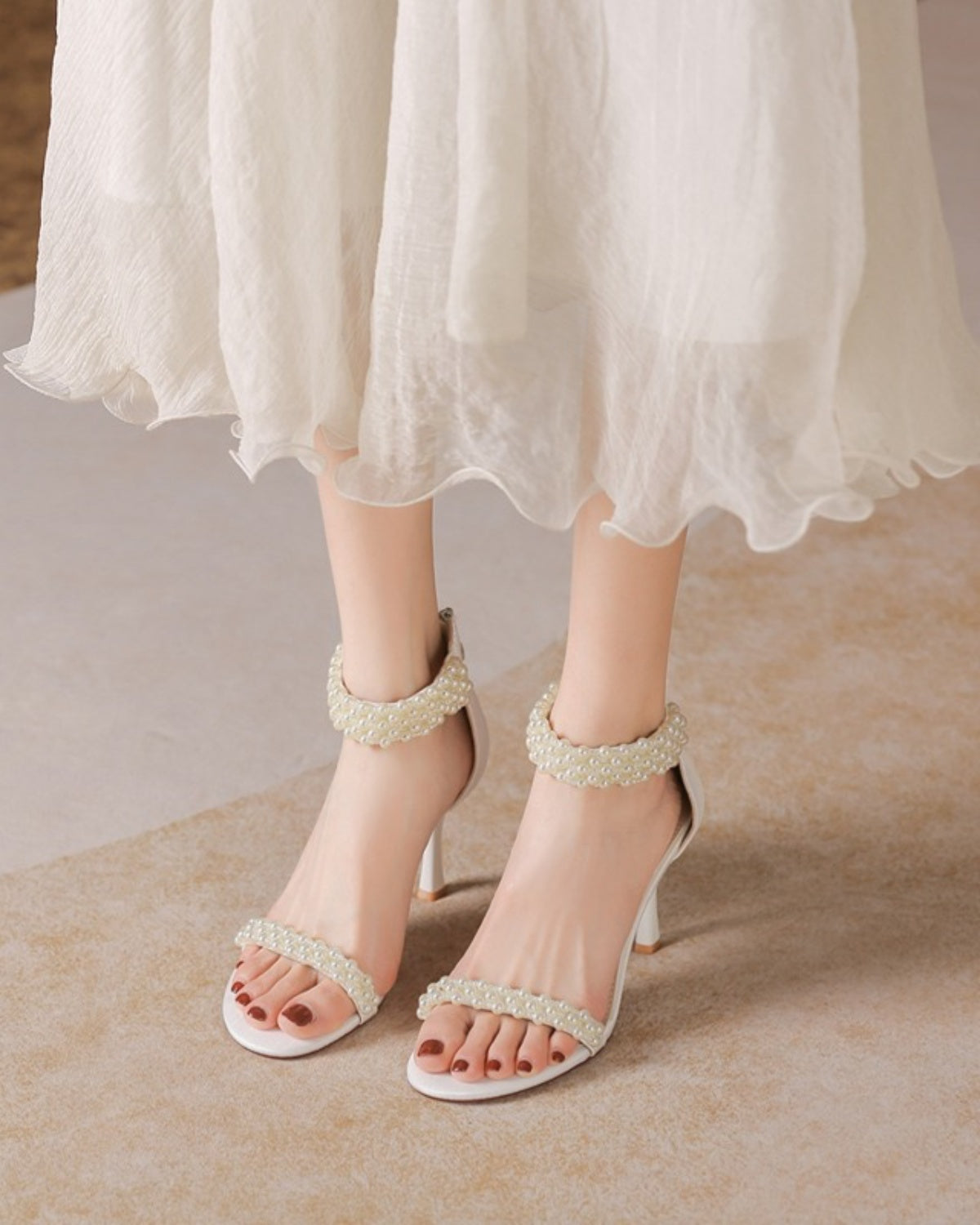 White Pearl Strappy Sandals Stiletto High Heels