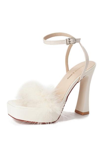 White Faux Fur Platform Block Heel Sandals