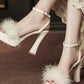 White Faux Fur Platform Block Heel Sandals