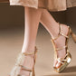 Gold Metallic Platform Sandals Mesh Chain Heels