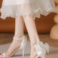 White Satin Sandals Pearl Ankle Chain Bow