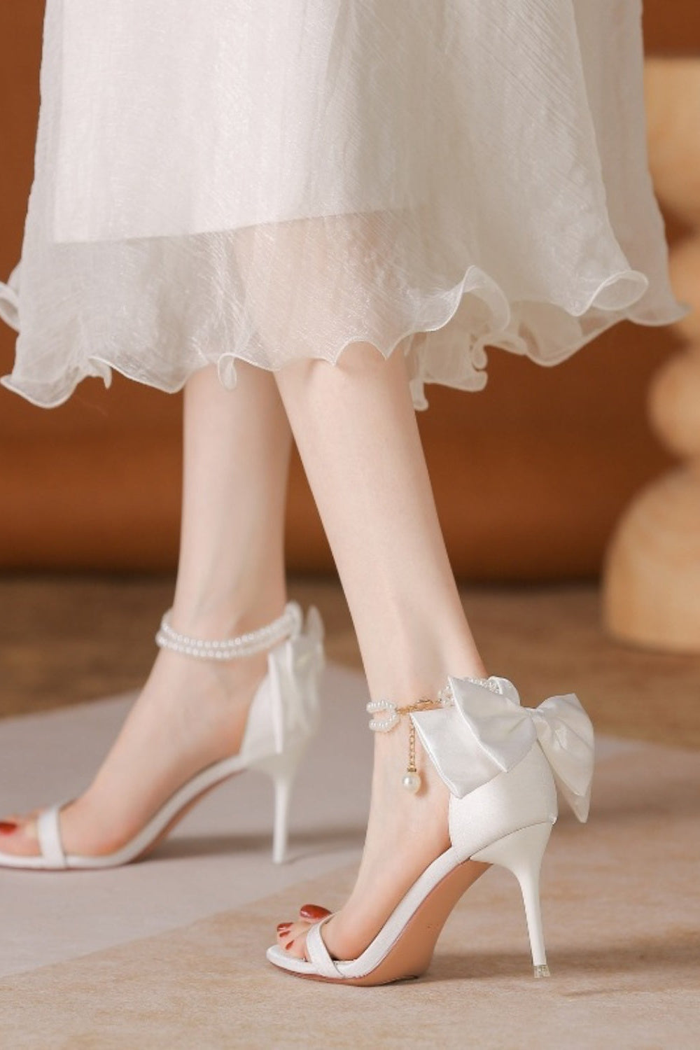 White Satin Sandals Pearl Ankle Chain Bow