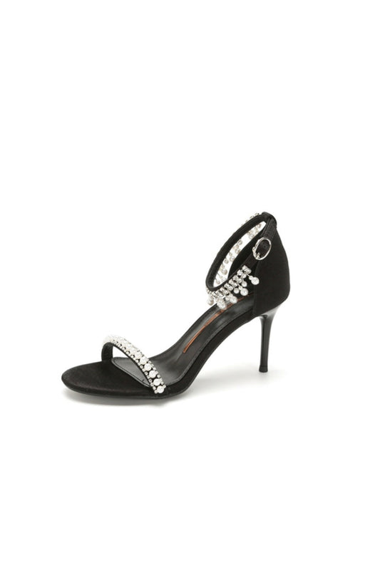 Black Pearl Rhinestone Sandals Ankle Strap Heels