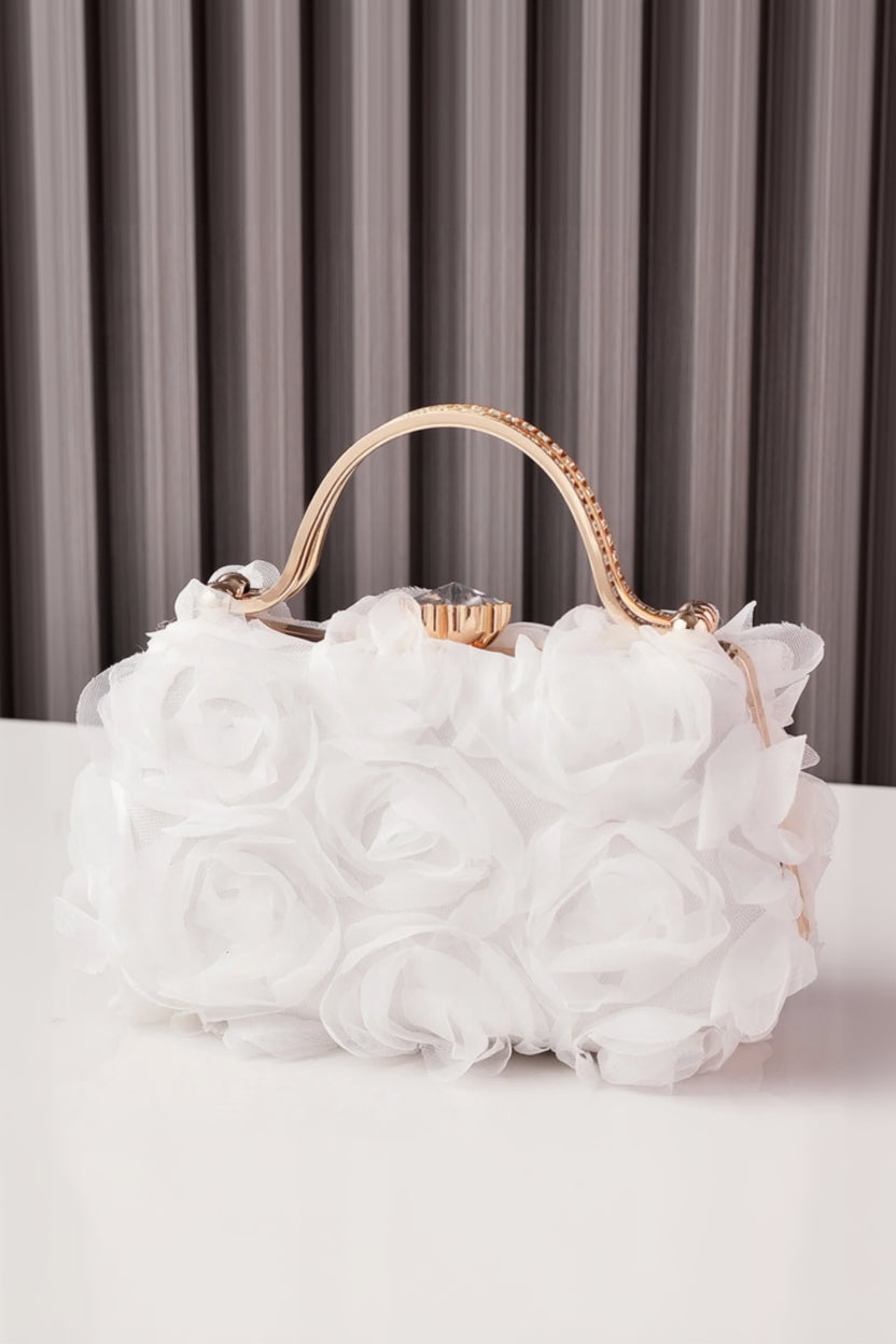 Tulle Rose Clutch Purse Handbag with Rhinestone Handle