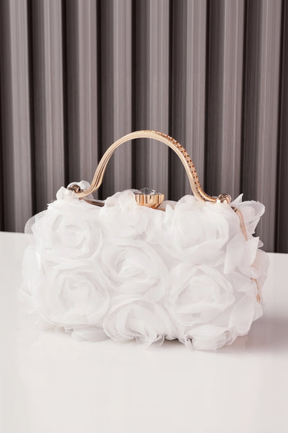Tulle Rose Clutch Purse Handbag with Rhinestone Handle
