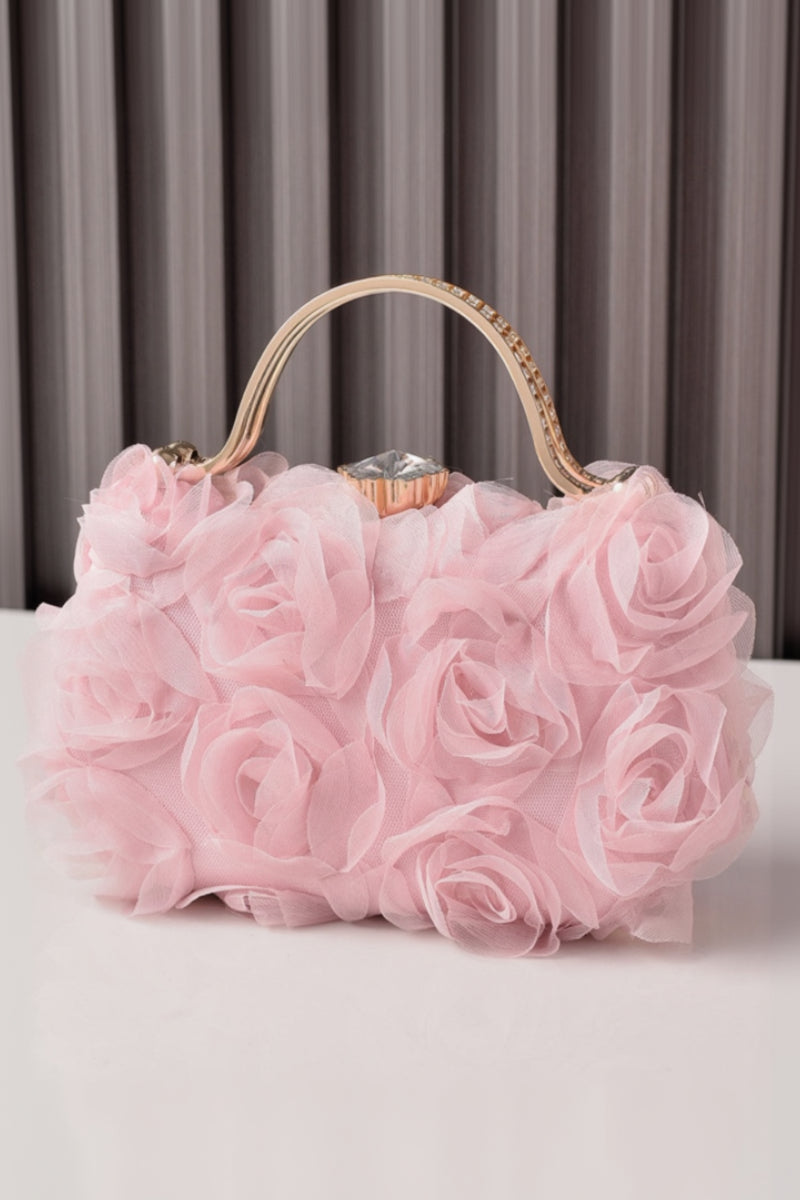Tulle Rose Clutch Purse Handbag with Rhinestone Handle