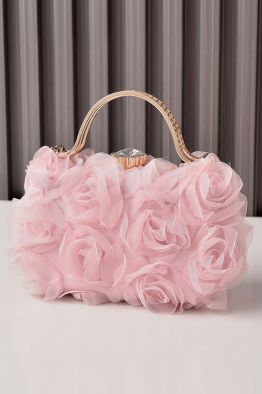 Tulle Rose Clutch Purse Handbag with Rhinestone Handle