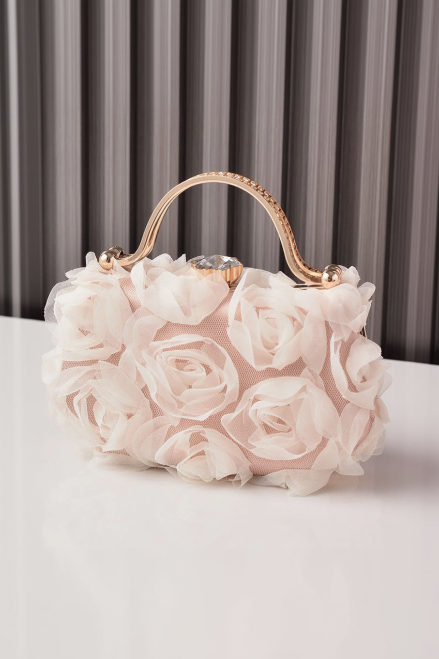 Tulle Rose Clutch Purse Handbag with Rhinestone Handle