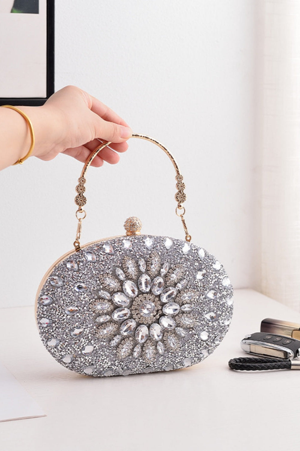 Sparkly Rhinestone Clutch Purse Handbag with Crystal Floral Clasp