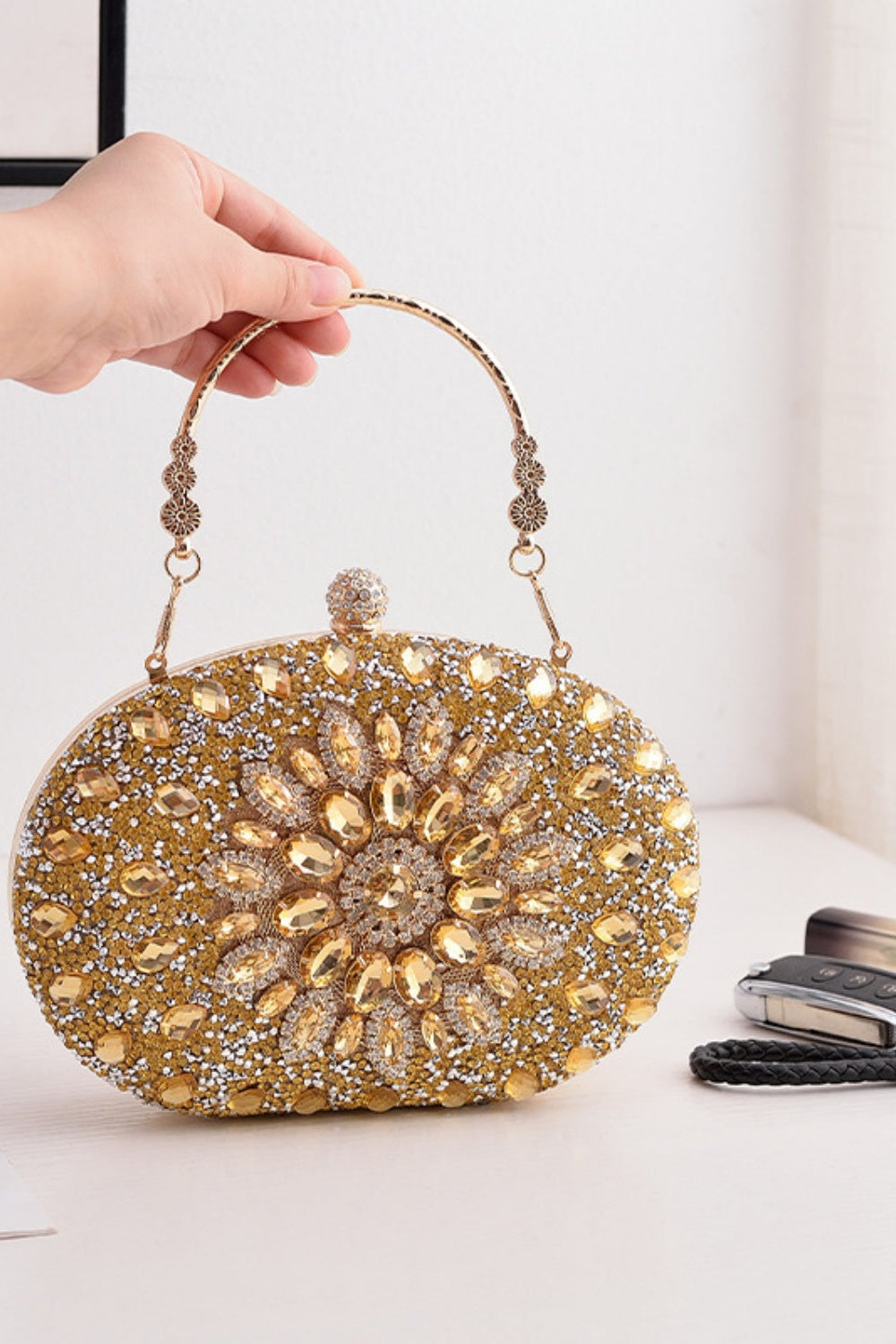 Sparkly Rhinestone Clutch Purse Handbag with Crystal Floral Clasp