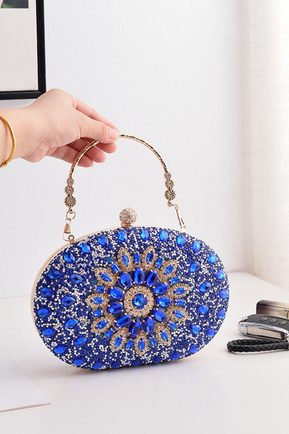Sparkly Rhinestone Clutch Purse Handbag with Crystal Floral Clasp
