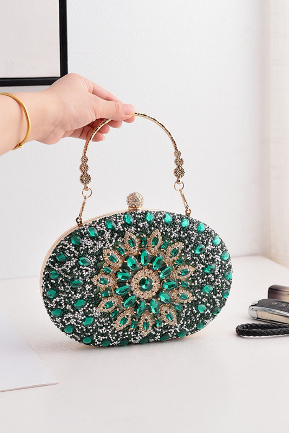 Sparkly Rhinestone Clutch Purse Handbag with Crystal Floral Clasp