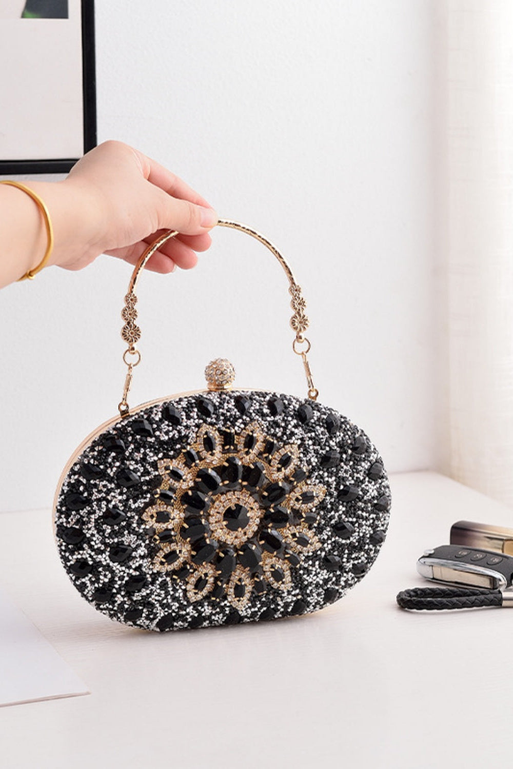 Sparkly Rhinestone Clutch Purse Handbag with Crystal Floral Clasp