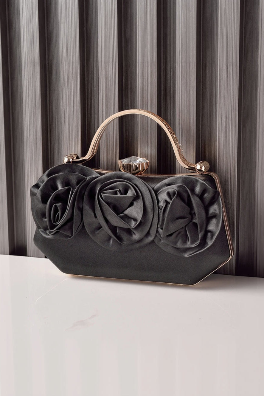 Satin Rose Clutch Purse Handbag Crystal Clasp Rhinestone Handle