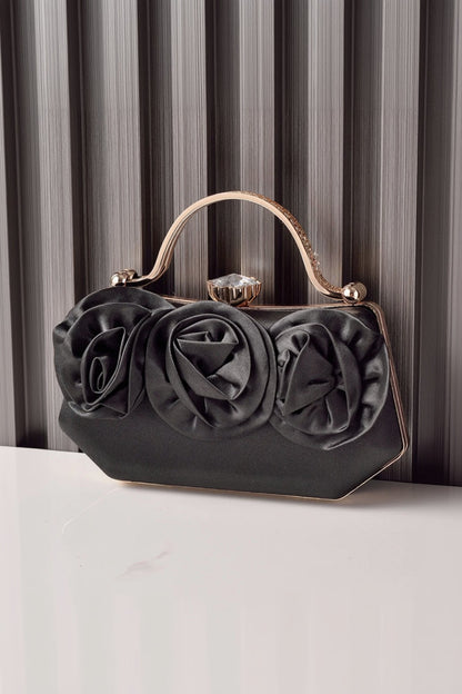 Satin Rose Clutch Purse Handbag Crystal Clasp Rhinestone Handle