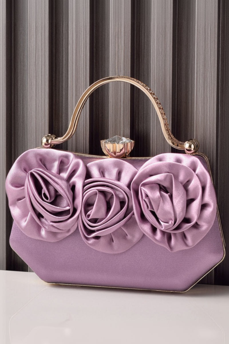 Satin Rose Clutch Purse Handbag Crystal Clasp Rhinestone Handle