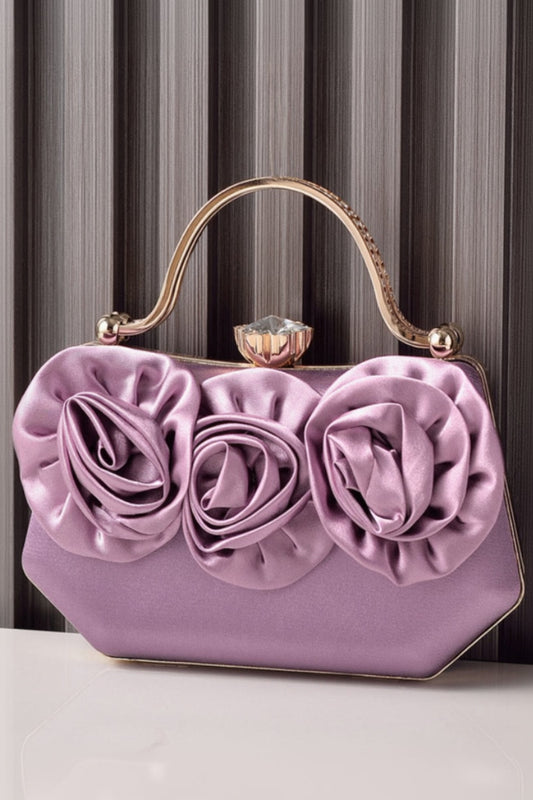 Satin Rose Clutch Purse Handbag Crystal Clasp Rhinestone Handle