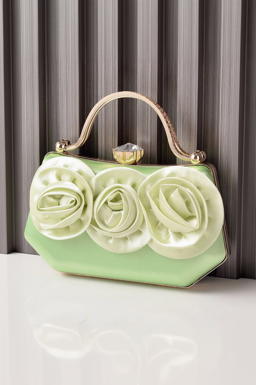 Satin Rose Clutch Purse Handbag Crystal Clasp Rhinestone Handle