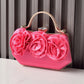 Satin Rose Clutch Purse Handbag Crystal Clasp Rhinestone Handle