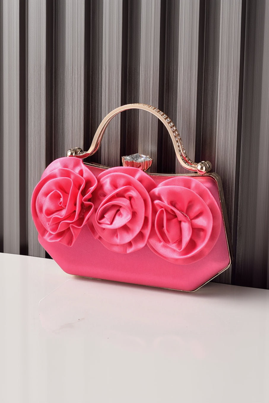 Satin Rose Clutch Purse Handbag Crystal Clasp Rhinestone Handle
