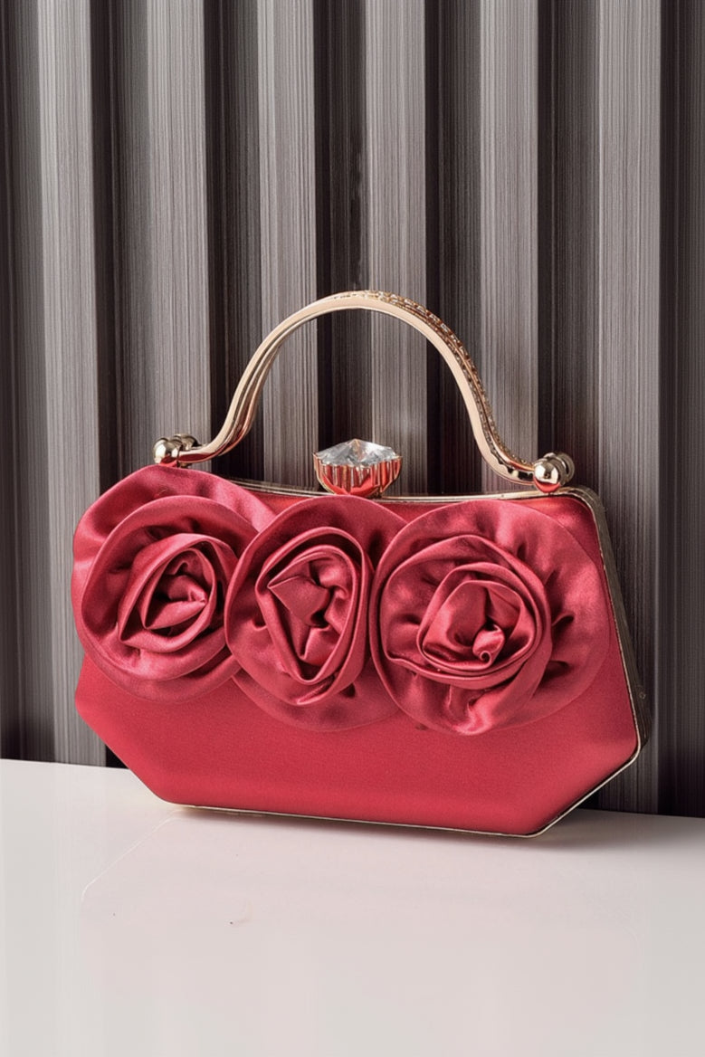 Satin Rose Clutch Purse Handbag Crystal Clasp Rhinestone Handle