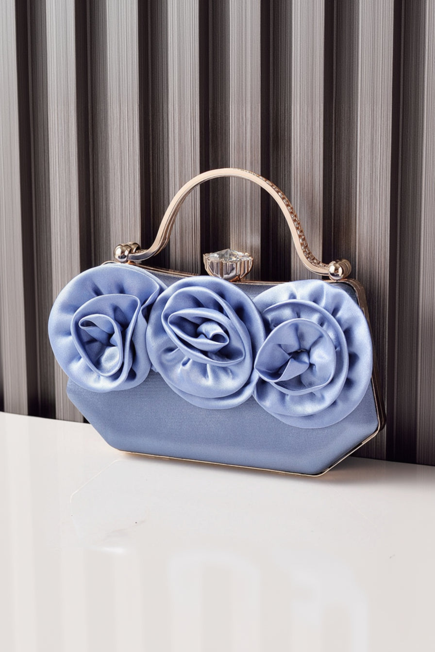 Satin Rose Clutch Purse Handbag Crystal Clasp Rhinestone Handle