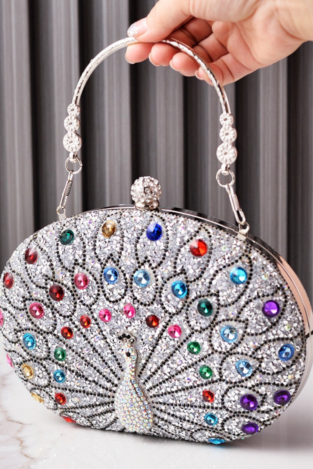 Rhinestone Peacock Clutch Purse Handbag with Crystal Clasp