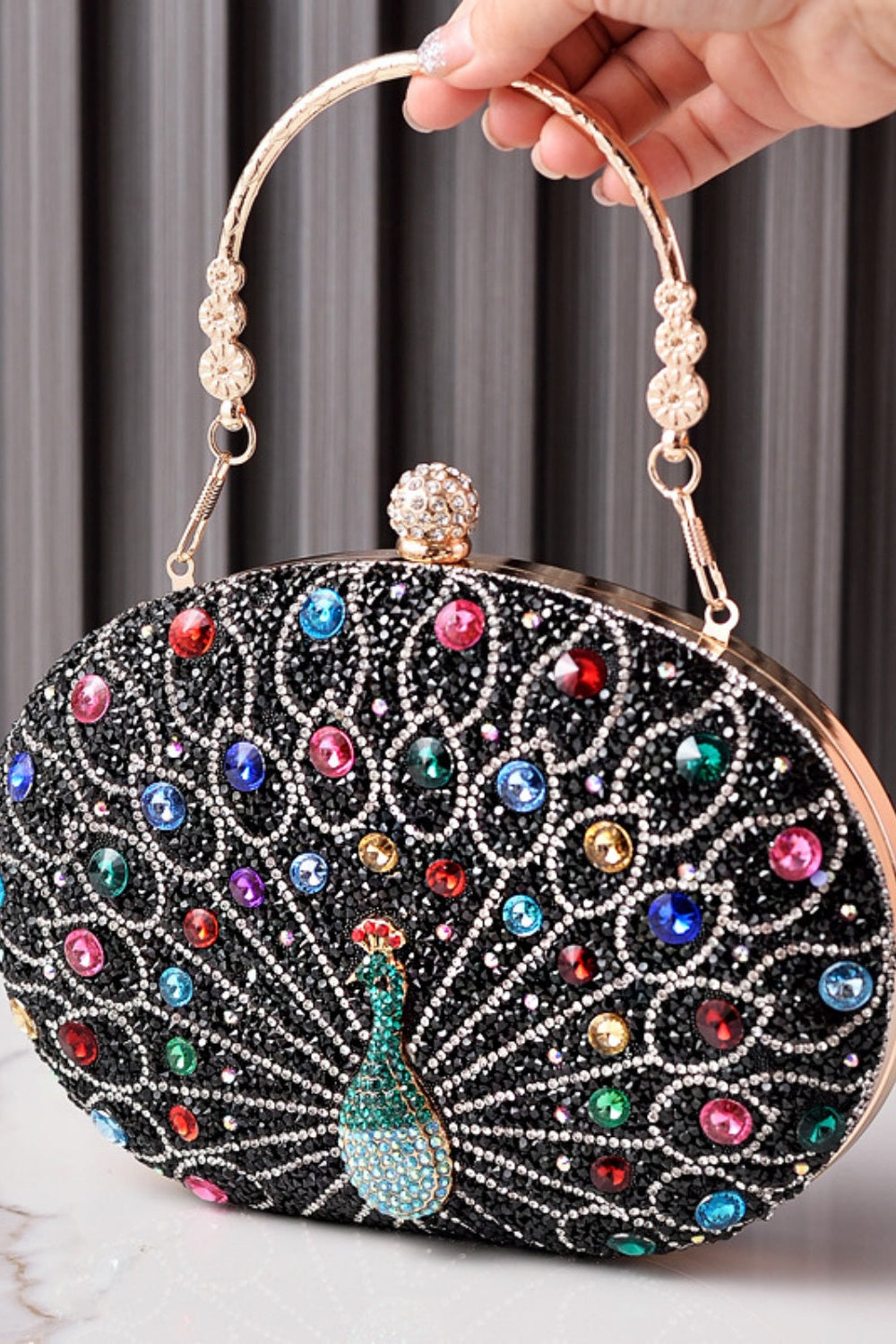 Rhinestone Peacock Clutch Purse Handbag with Crystal Clasp