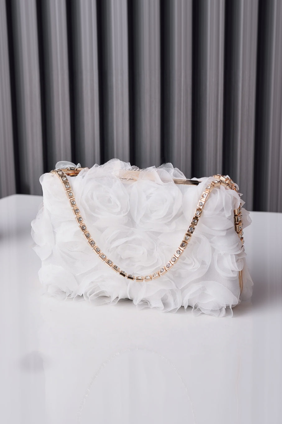 Tulle Rose Clutch Purse Handbag with Rhinestone Chain