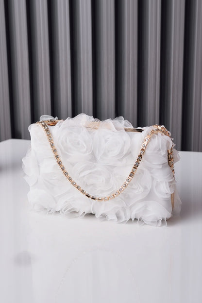 Tulle Rose Clutch Purse Handbag with Rhinestone Chain