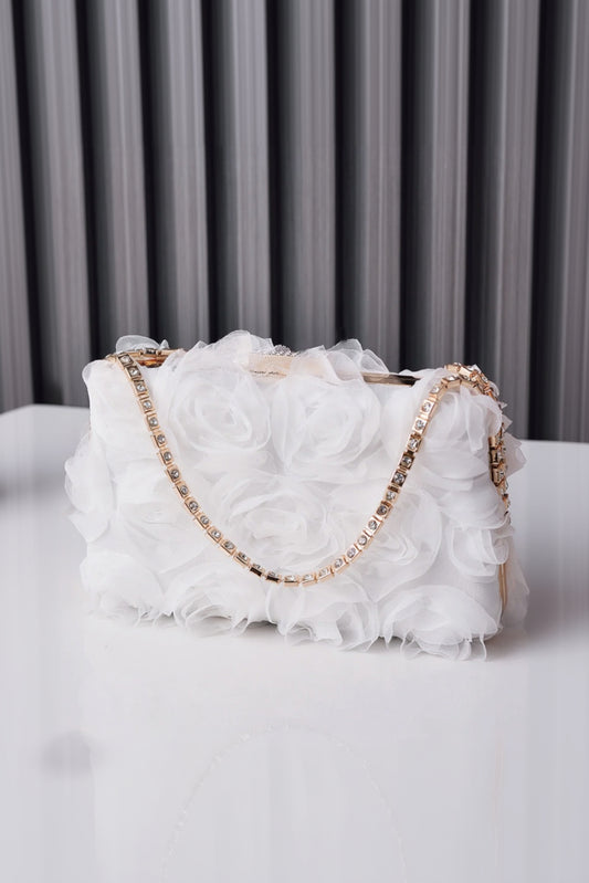 Tulle Rose Clutch Purse Handbag with Rhinestone Chain