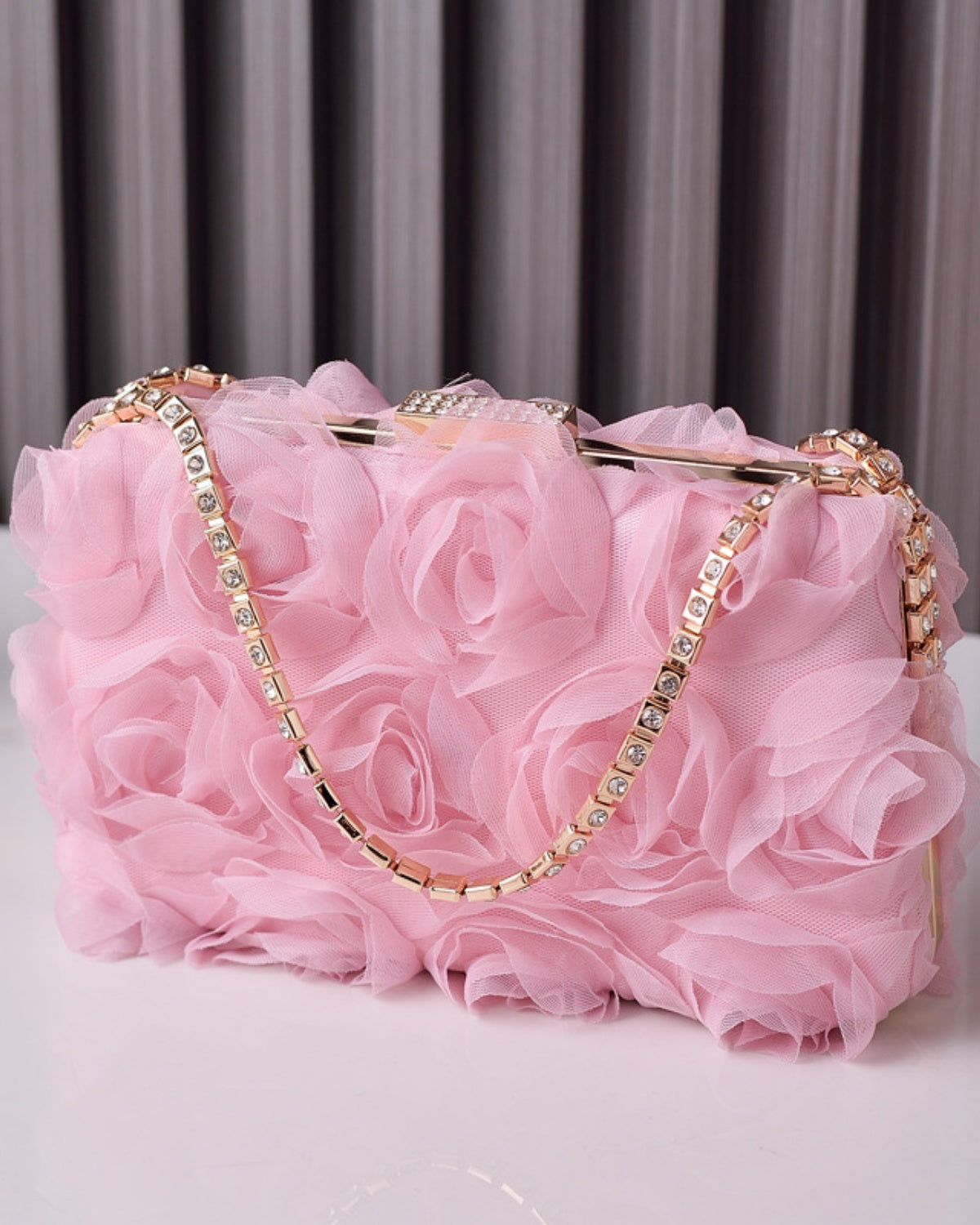 Tulle Rose Clutch Purse Handbag with Rhinestone Chain