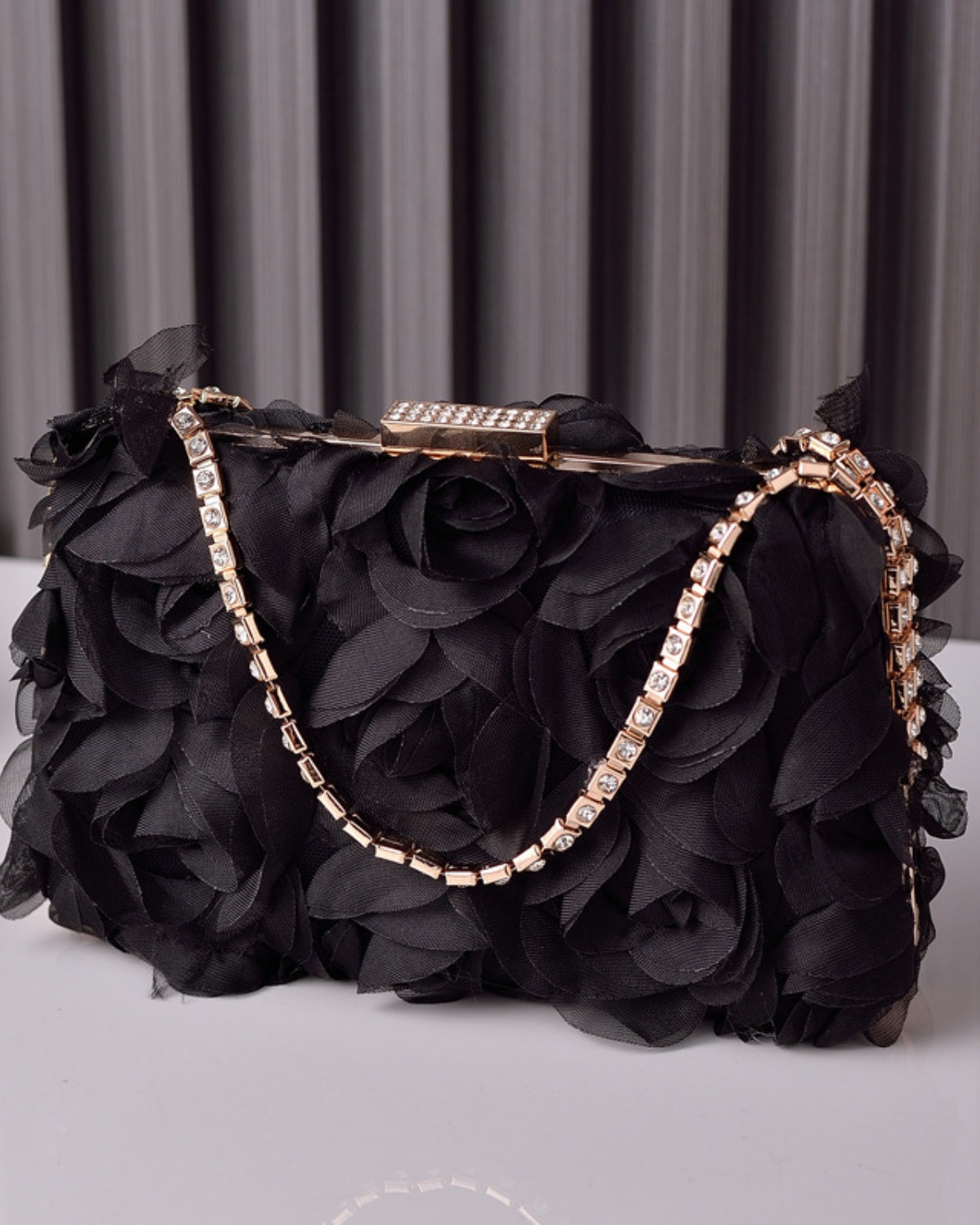 Tulle Rose Clutch Purse Handbag with Rhinestone Chain